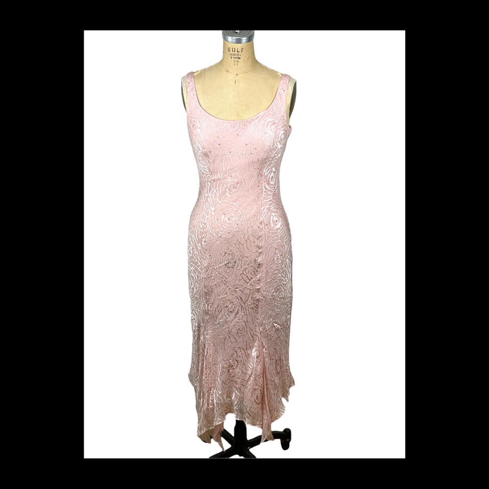 Pink silk sequin beaded evening dress with handkerchief hem